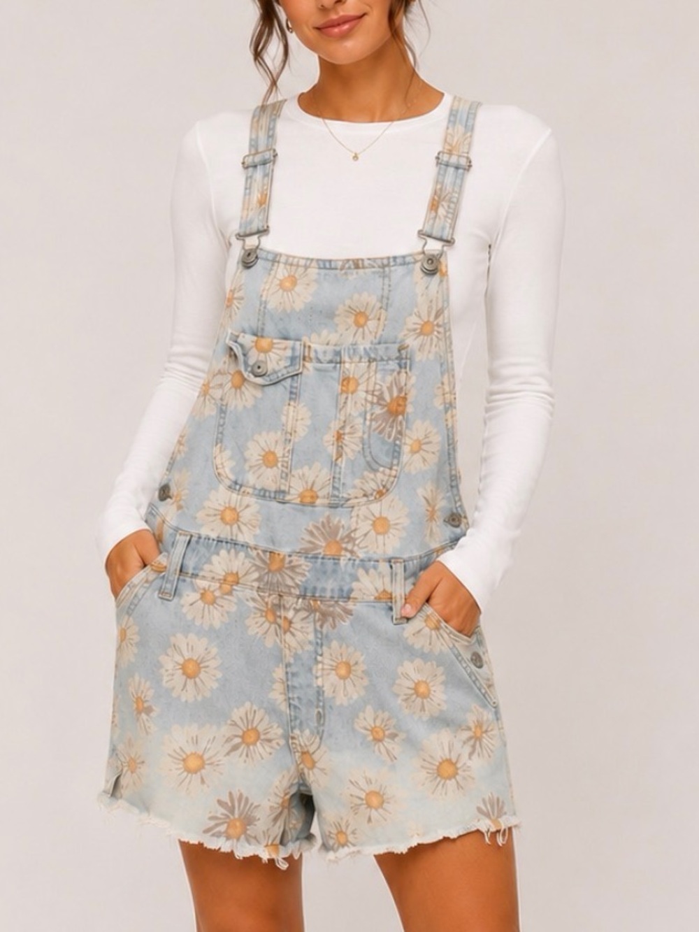 No Boundaries Light Blue Daisy Denim Short Overalls